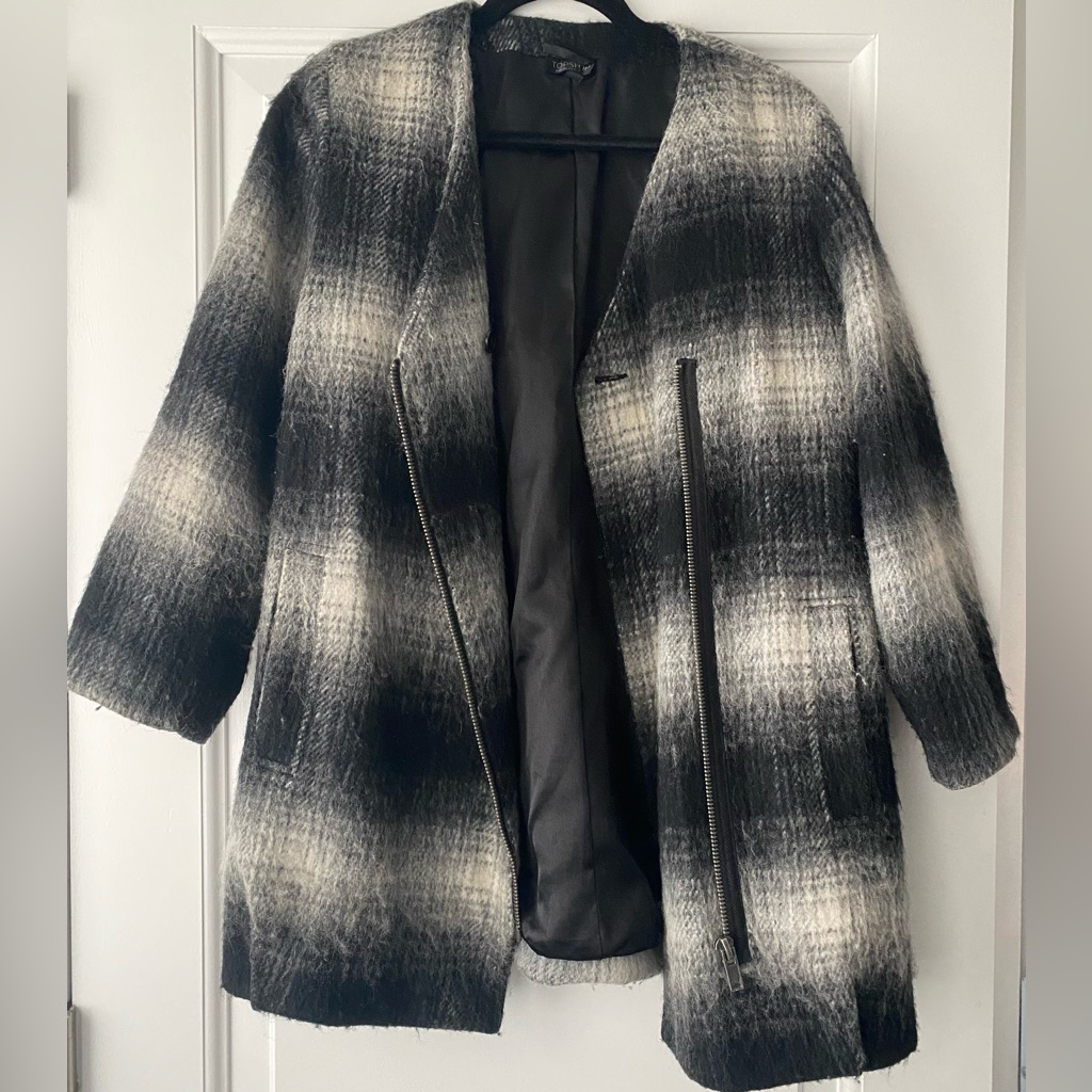 Topshop Womens Asymmetrical Zipper Fuzzy Wool Plaid Coat